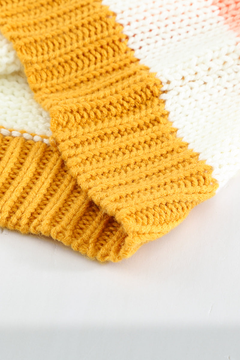 Yellow Striped Puff Sleeve Knitted Pullover Sweater