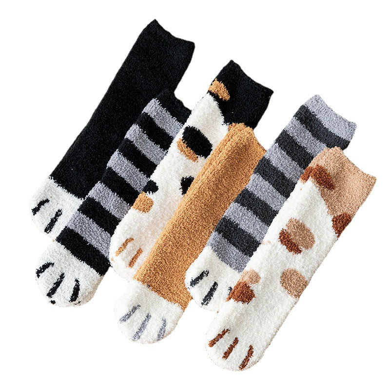 Kawaii Cartoon White Socks for Women Cute 3d Dog Cat Paw Pattern Female Fleece Warm Funny Socks Home Floor Sleeping