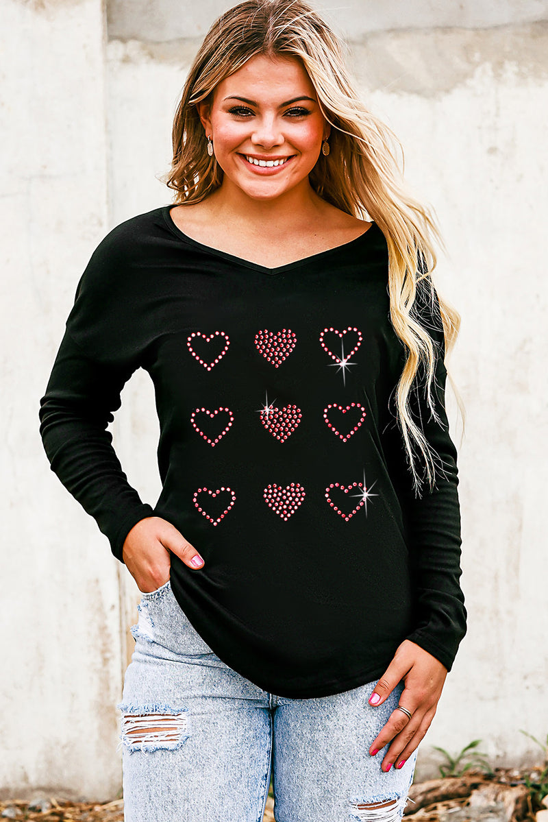 Black Valentines Day Rhinestone Heart Graphic Long Sleeve Tee