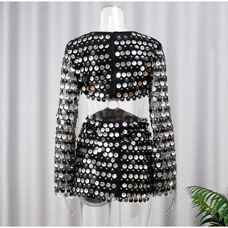 Women Fashion Glitter Sequins Hollow Out Mini Dress Elegant Round Neck Long Sleeves Short Dresses 2024 Female Chic Party Outfit