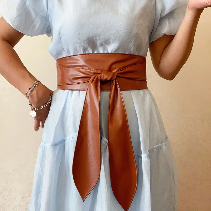 Fashion PU Leather Women Wide Bow Belt Wide Belt Cummerbunds Embellished Waist Wrap Coat Dress decoration Apparel Accessories