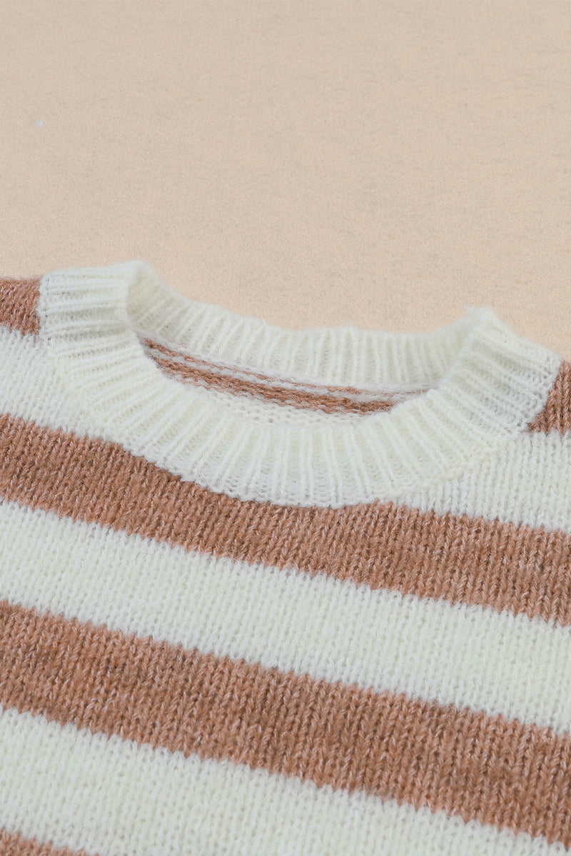 Brown Striped Round Neck Casual Sweater