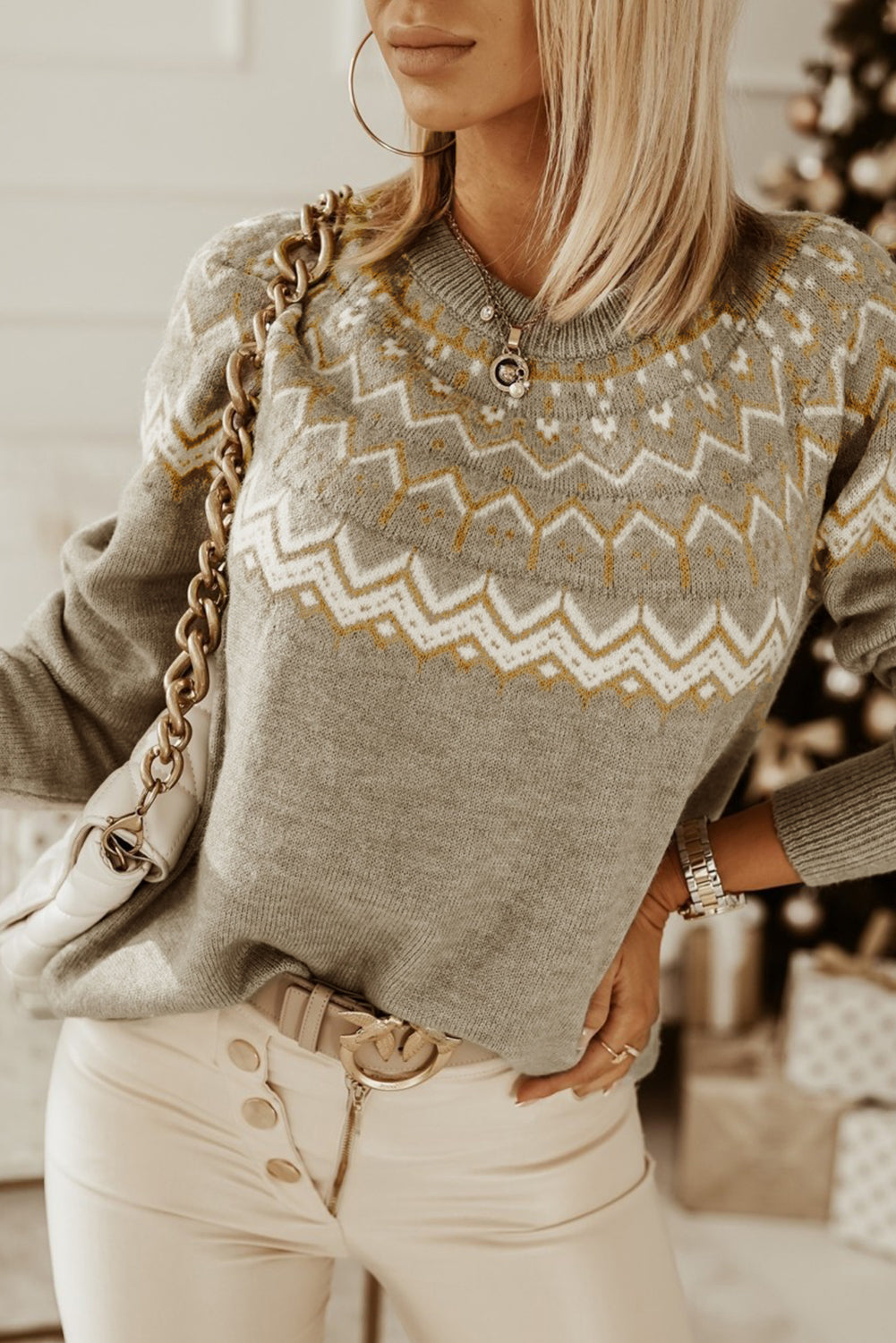 Gray Geometric Pattern Ribbed Round Neck Sweater