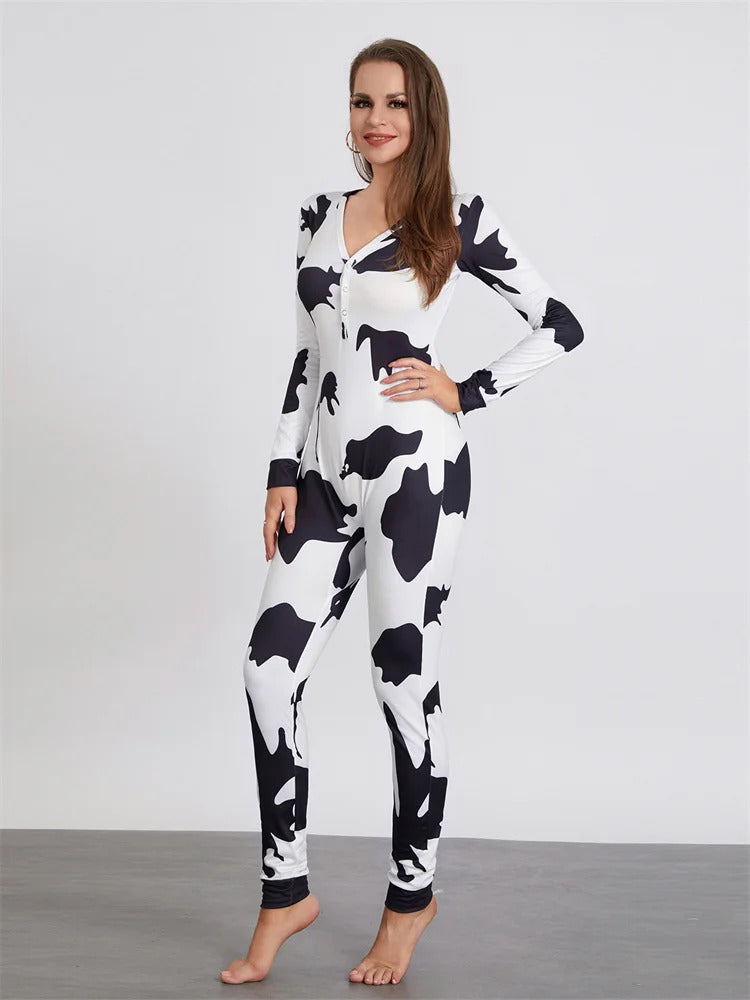 Women Buttoned Flap Jumpsuits Sleepwear Cow Printed Long Sleeve V Neck Bodycon Romper Spring Fall Loungewear