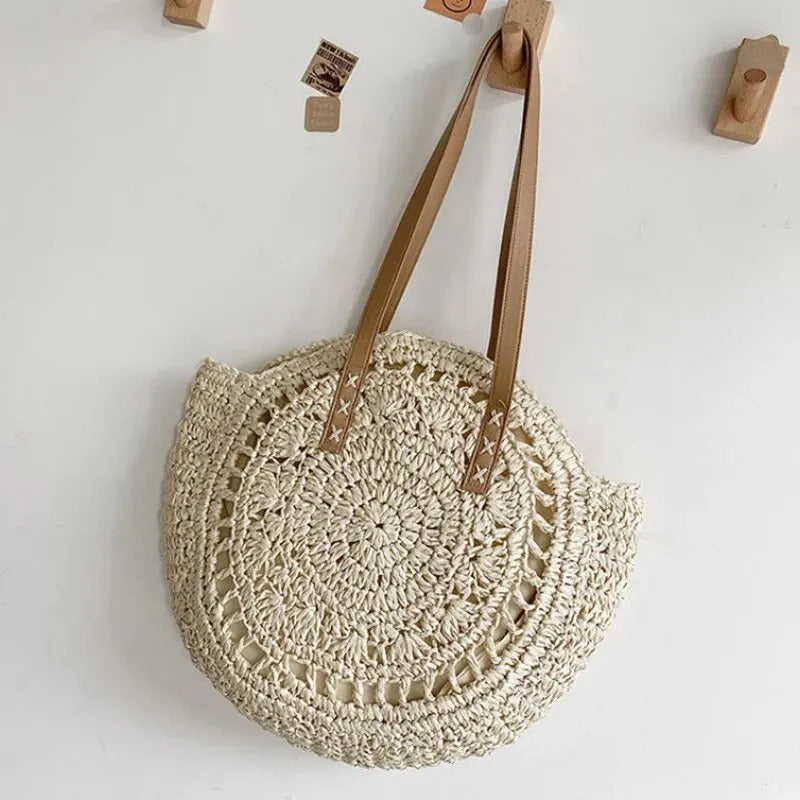 Summer Round Straw Women Vacation Woven Beach Shoulder Bag Large Capacity Hollow Out Simple Tote Bag