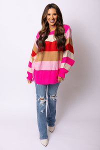 Fiery Red Mix Horizon Stripes Dolman Sleeve Sweater