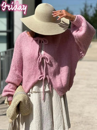 Womens Tie Front Bow Cardigan Sweaters Oversized Chunky Knit Cardigan Long Sleeve Open Front Loose Knitwears Bow Pink Tops