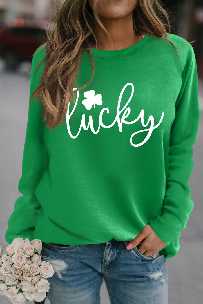 Green St. Patrick's Day Lucky Clover Print Graphic Sweatshirt