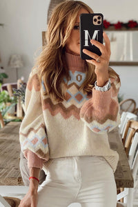 Khaki Geometric Pattern Ribbed Trim High Neck Sweater