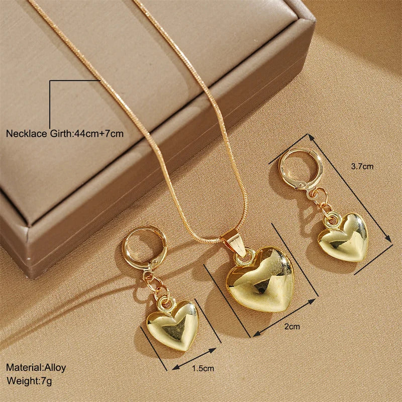 Glossy Gold Plated Metal Love Heart Dangle Earrings Necklace Jewelry Set for Women Simple Dainty Daily Wear Outfit Accessories