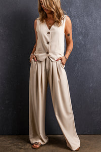 Apricot Elastic Waist Pleated Wide Leg Pants