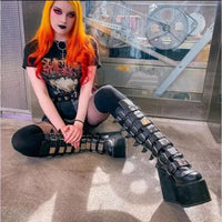 Punk Women Boots Cosplay Ladies High Heel Platform Wedges Women High Boots Gothic Buckle Strap Long Tube Leather Female Boots