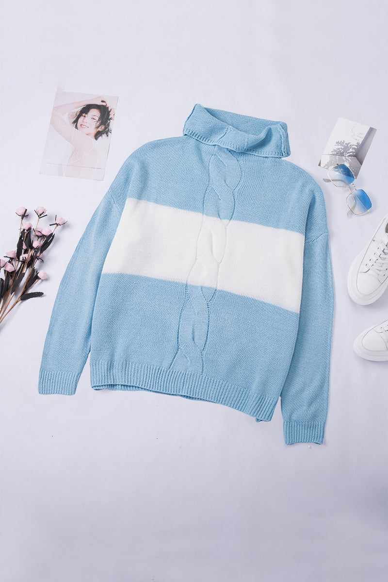 Blue Colorblock Turtleneck Loose Knitted Sweater