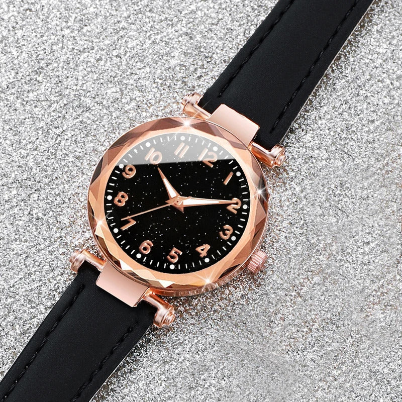 5PCS/Set Women Watches Bracelets Set Fashion Starry Sky Dial Leather Band Quartz Watch