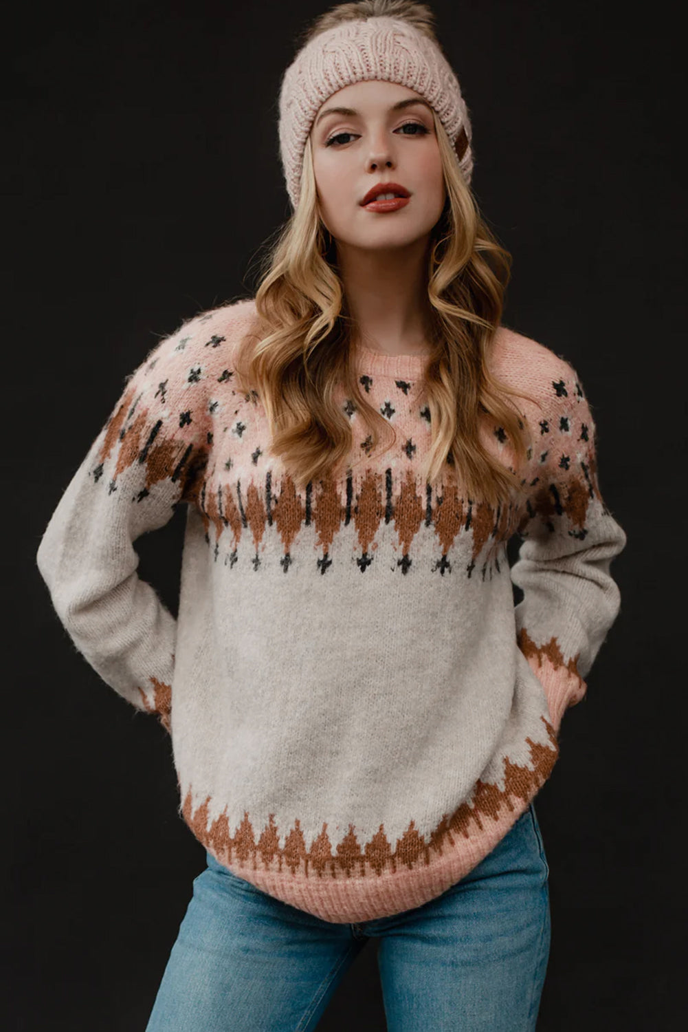 Multicolor Mixed Geometric Detail Raglan Sleeve Sweater