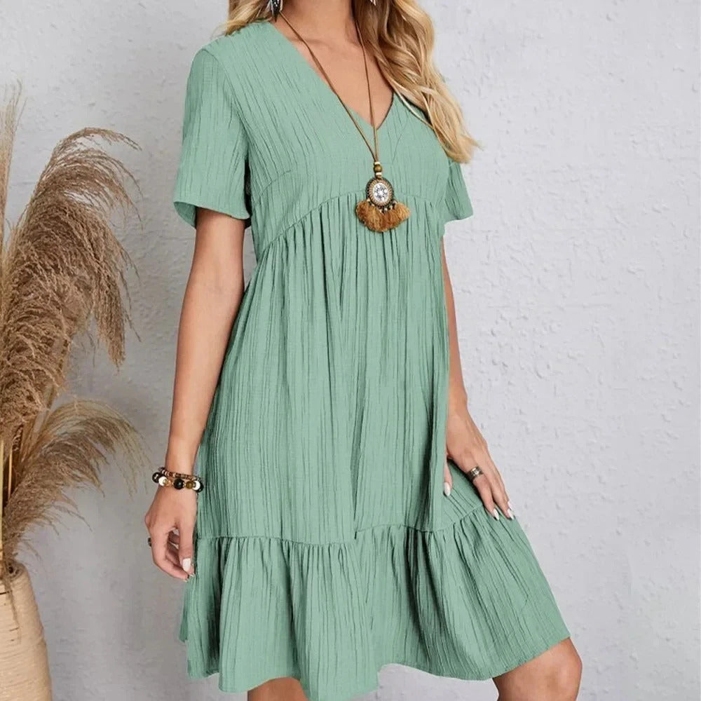 Women Summer Peplum Dresses Spring V-Neck Short Sleeve Loose Waist Ruffle Fit Flare Vocation Dresses