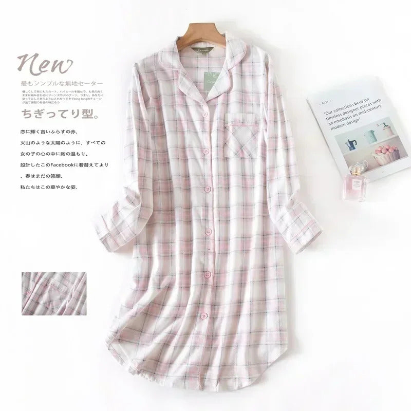 Flannel Cotton Home Nightdress Cardigan Shirt Night Dress Cute Cartoon Plaid Design Sleepwear Fashion Sleeping Shirt Woman