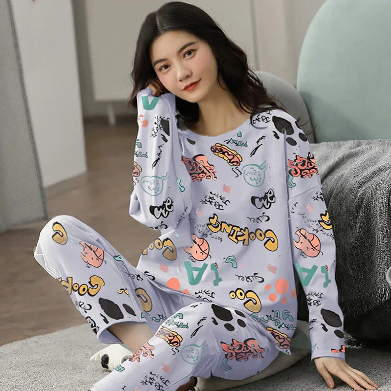 Fall and Winter Women's Suit Pajamas Long-Sleeved Long Pants Homewear Two-Piece Set Ladies Cartoon Pattern Sleepwear Loungewear