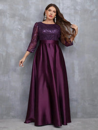 Mgiacy Crew neck long sleeve sequin patchwork satin long gown ball dress Party dress Bridesmaid dress