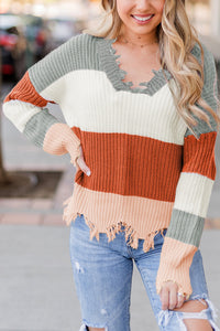 Gray Colorblock Distressed Sweater