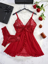 Red Sling Transparent Sexy Lingerie Women's Underwear See-through Sleepwear Lace Nightdress And Panty Pijamas Sets Female Santa