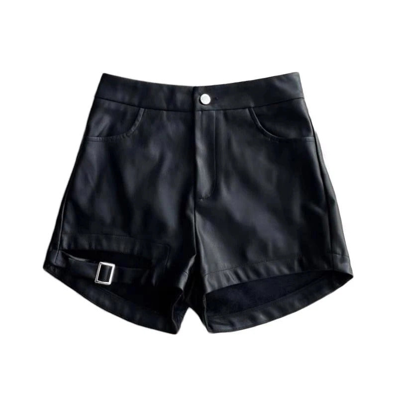 Women's High Waist Shorts High Waisted PU Leather Versatile Hot Shorts Hollow out Buckle Slim Sexy Shorts