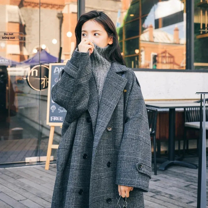 Plus Size Plaid Tweed Women's Overcoat Autumn/Winter Idle Style Thickened Warm Korean Woolen Jacket Soft Padded Thick Coat