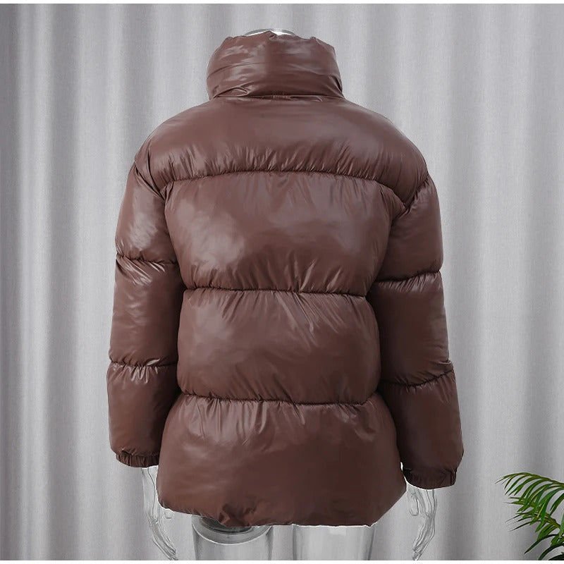 2024 New Winter Brown Warm Women's Cotton Coat Fashion Stand Collar Zipper Oversized Jackets Female Street Commuting Outerwear