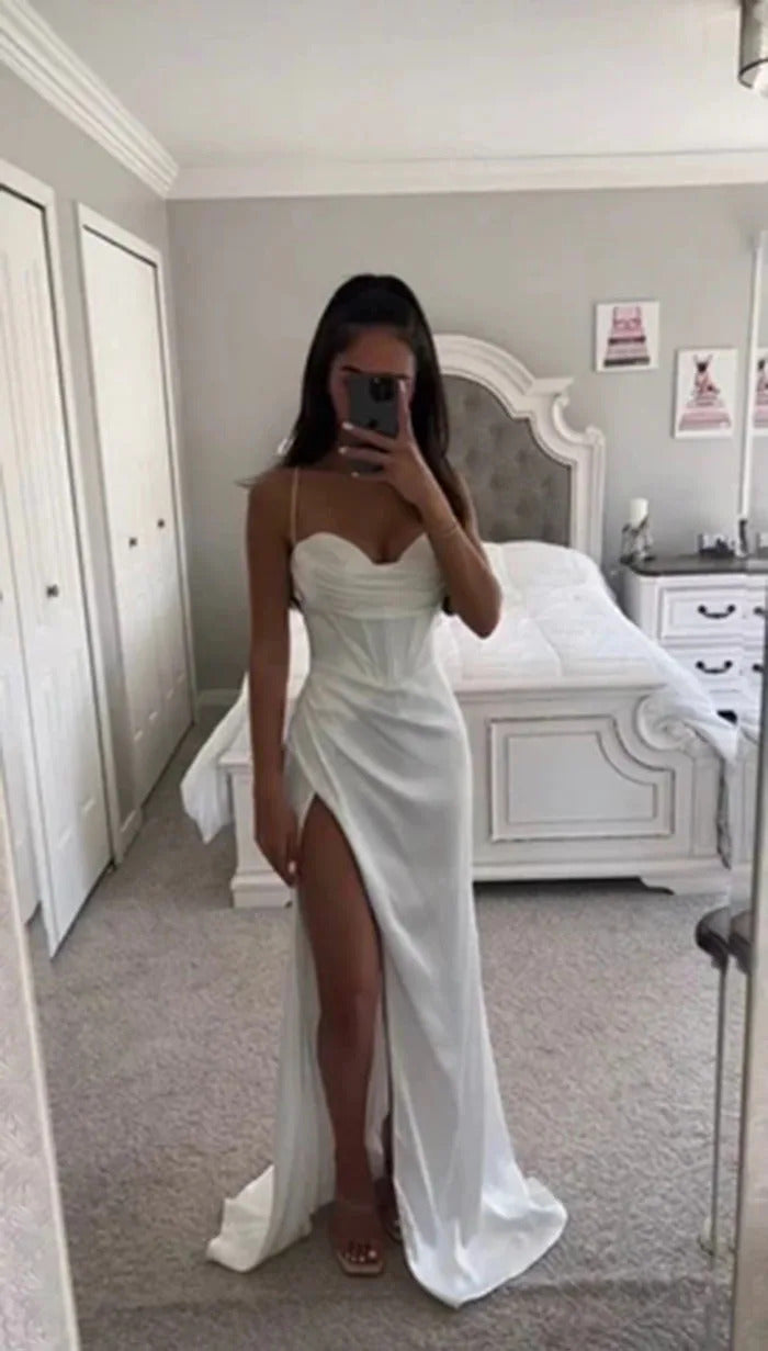 New Summer Prom Dress Women'S Sling Sleeveless Solid Color Dress One Word Neck Slim Fit Open Back Slit Red Sexy Dress