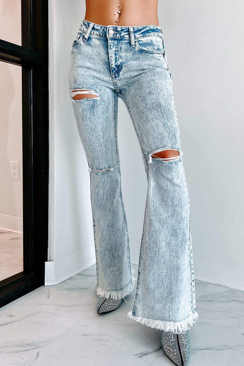 Sky Blue Distressed Acid Wash Flare Jeans