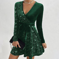 Women's Sexy V-Neck Sequin Glitter Belt Mini Dress Party Dresses Fashion Hot Sale Solid Elegant  Velvet Long Sleeve Dresses