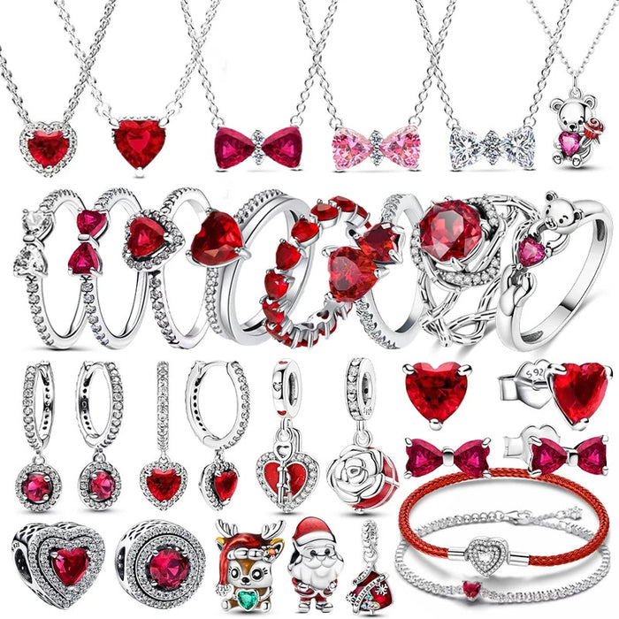 S925 Sterling Silver Valentine's Day Red Series Red Heart Charm Bow Ring Heart Necklace Fit Bracelet DIY for Women Jewelry Gift