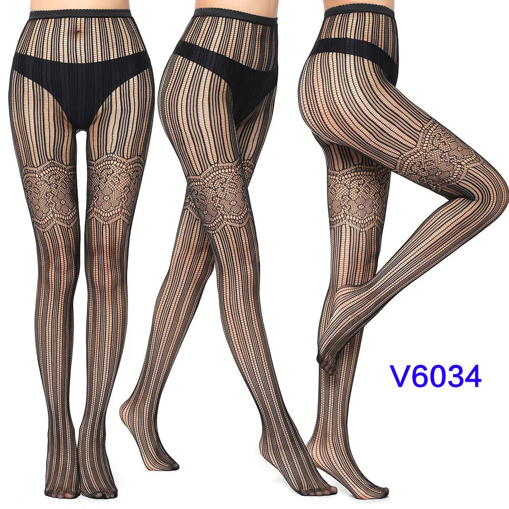 Women Sexy Fishnet Tights Jacquard Weave Seamless Pantyhose Yarns Garter Grid Fish Net Stockings Black Spider Gothic Lace Tights