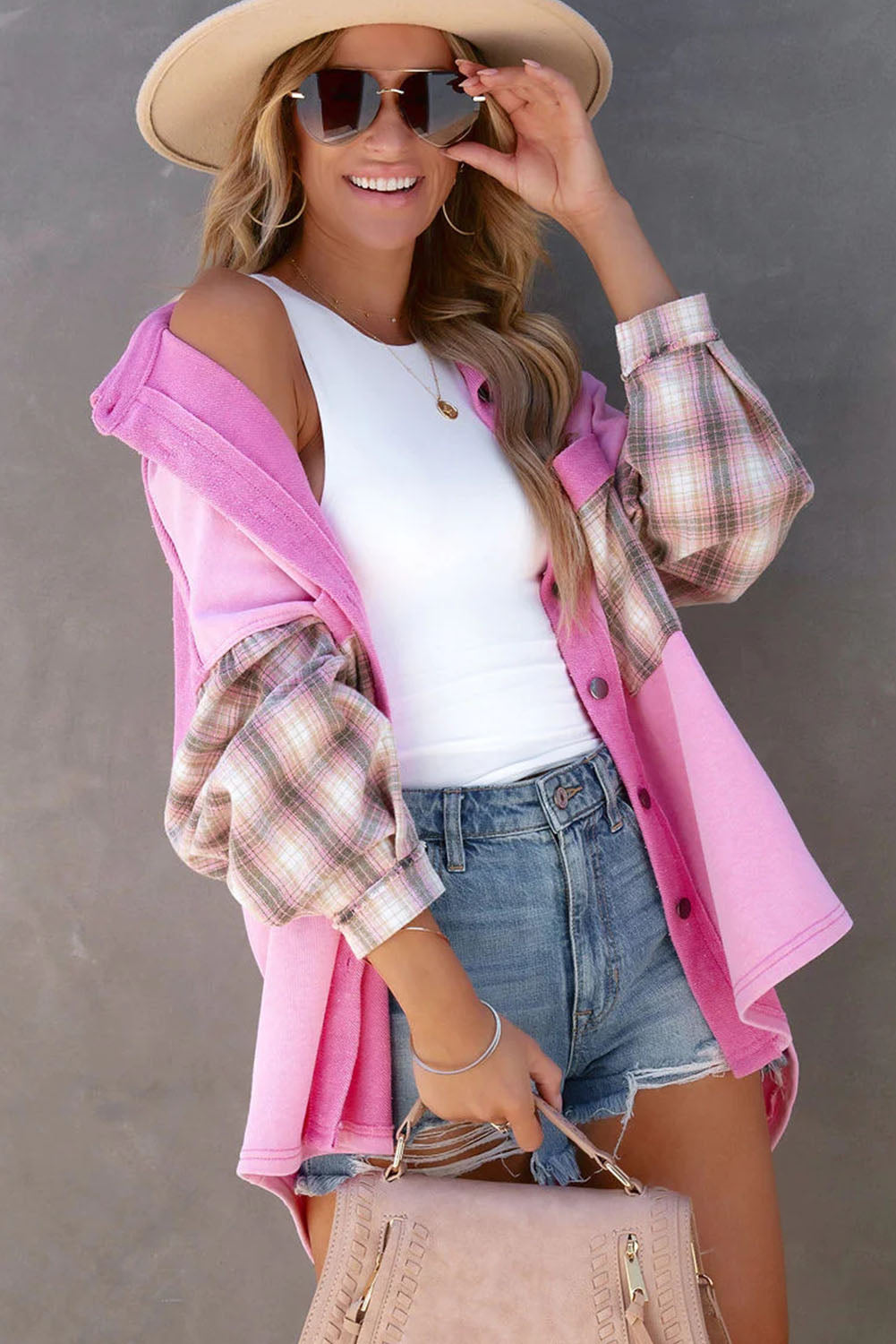 Black Plaid Patchwork Chest Pockets Oversized Shirt Jacket