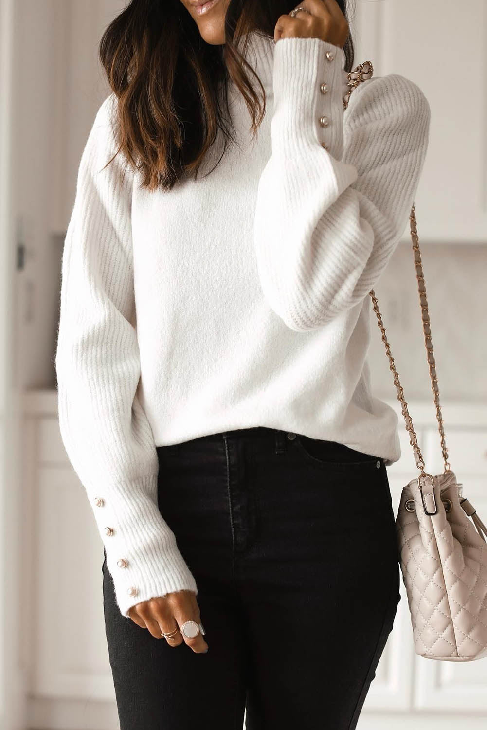 White Button Ribbed Puff Sleeve High Neck Sweater