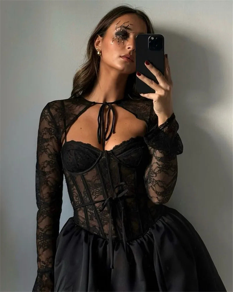 Mozision Black Lace Puffball Sexy Mini Dress For Women Fashion Lace-up Sheer Long Flare Sleeve High Waist Club Party Dress