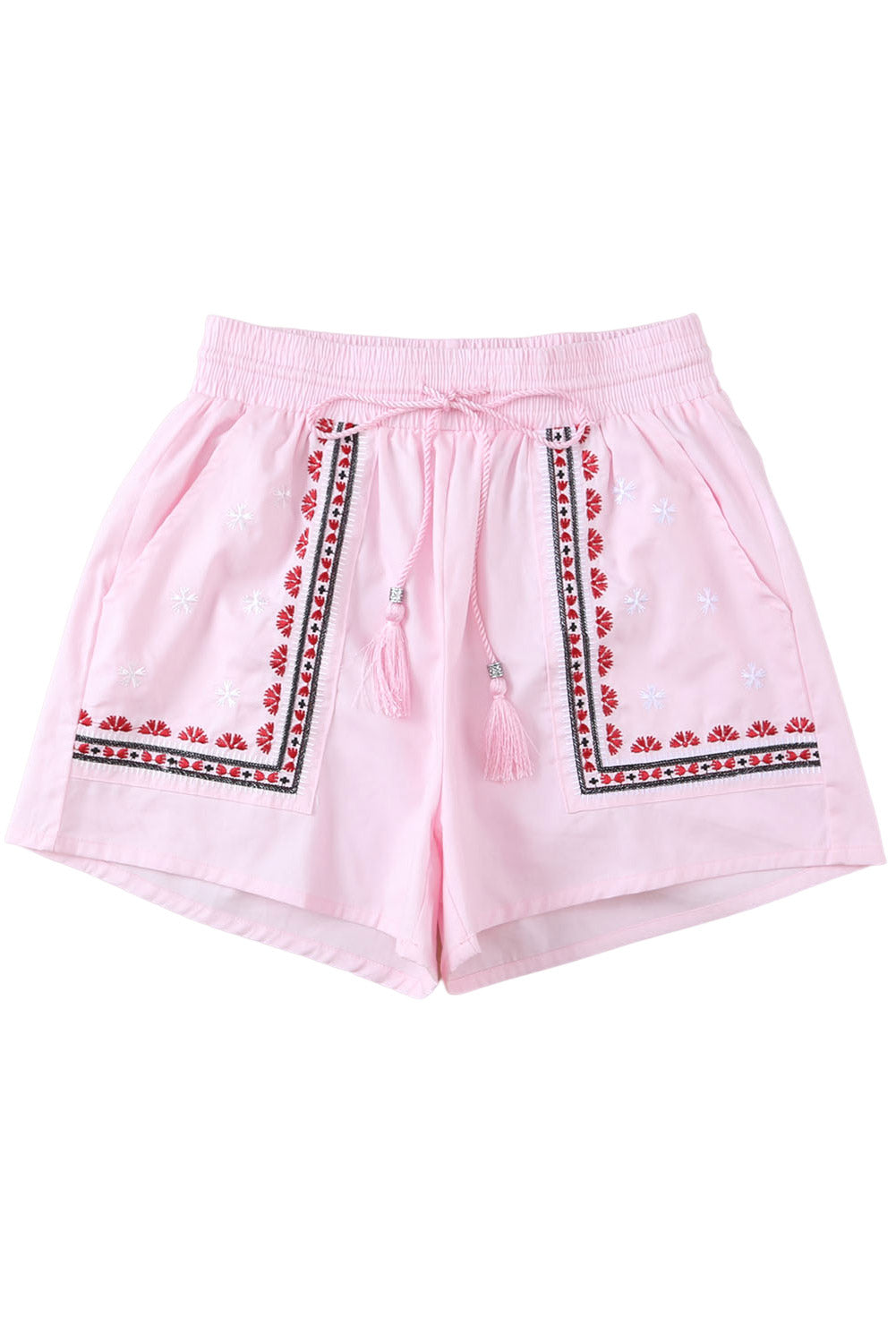 Pink Boho Embroidered Floral Tasseled Drawstring Waist Casual Shorts