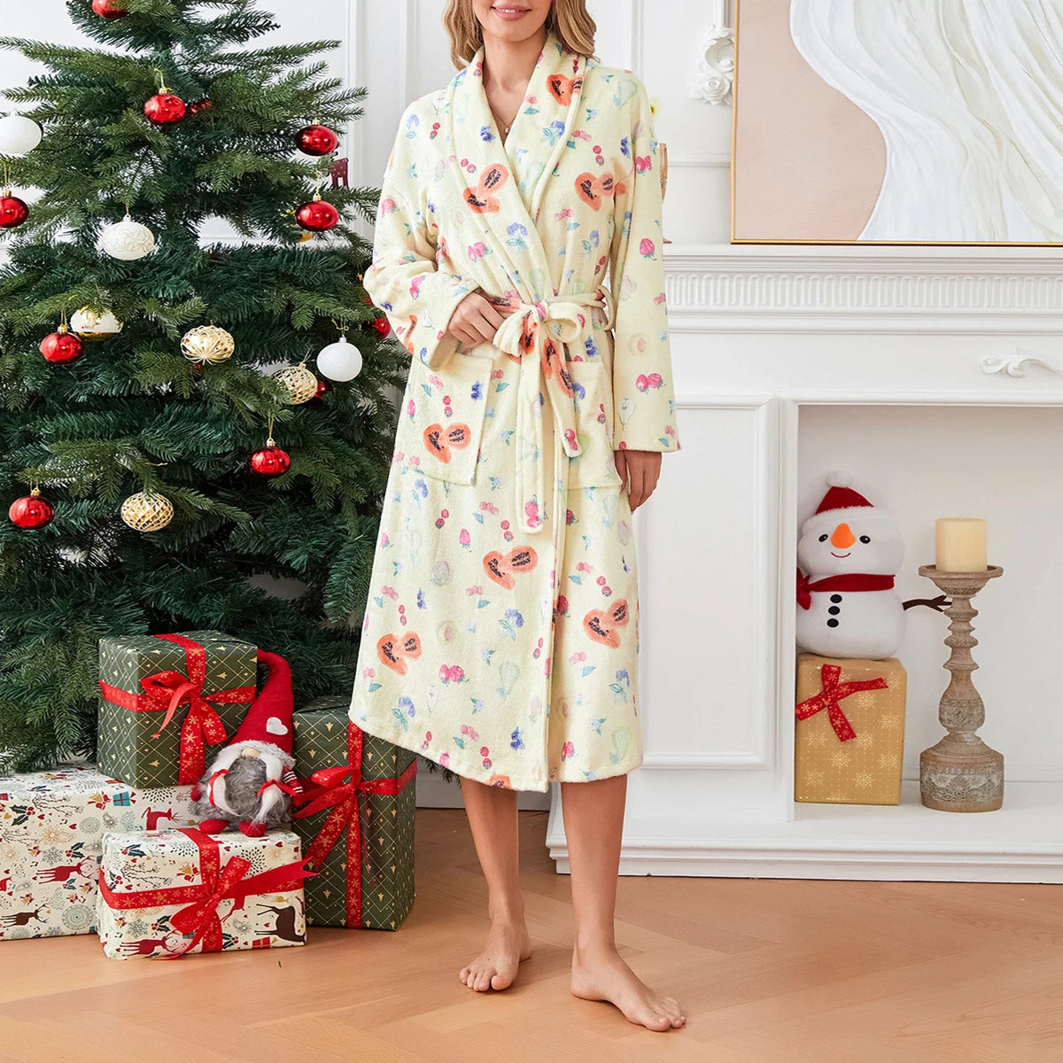 Women Flannel Robe Home Sleepwear Floral Print Shawl Collar Bathrobe Kimono Robe with Belt Winter Warm Pajamas Clothes