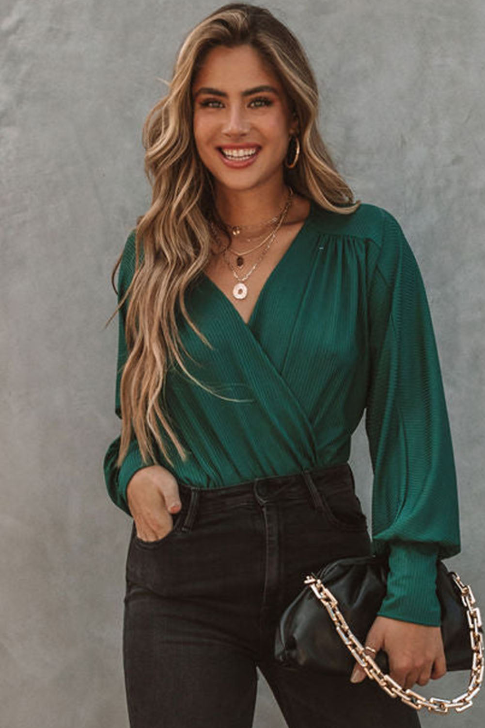 Green Ribbed Texture Drape Front V Neck Bodysuit