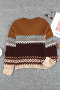 Brown Printed Crew Neck Knit Sweater