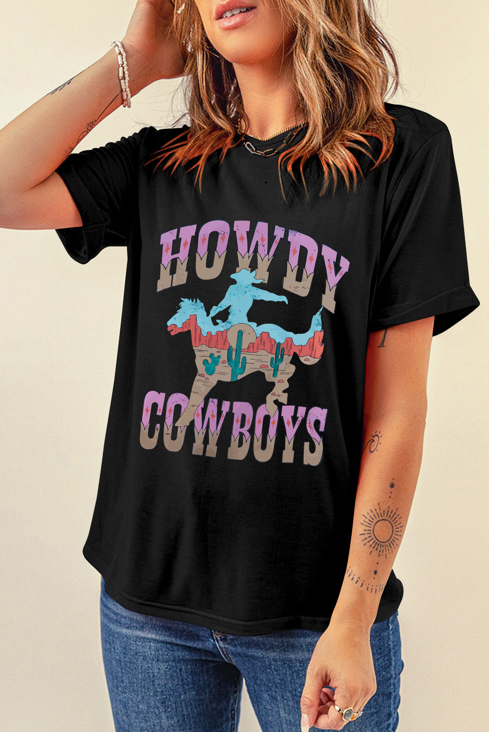 Black HOWDY COWBOYS Western Fashion Graphic Tee