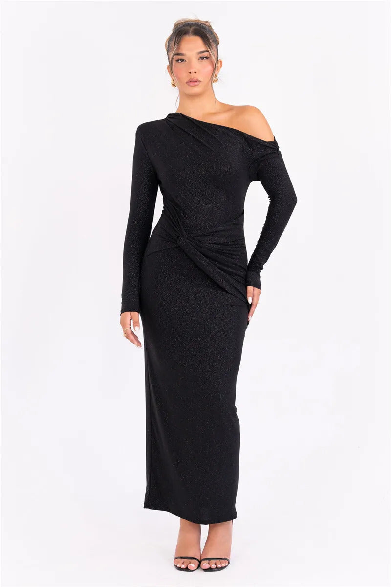 Mozision Sparkle Long Sleeve Sexy Maxi Dress For Women Inclined Shoulder Backless Bodycon Ruched Club Party Sexy Long Dress