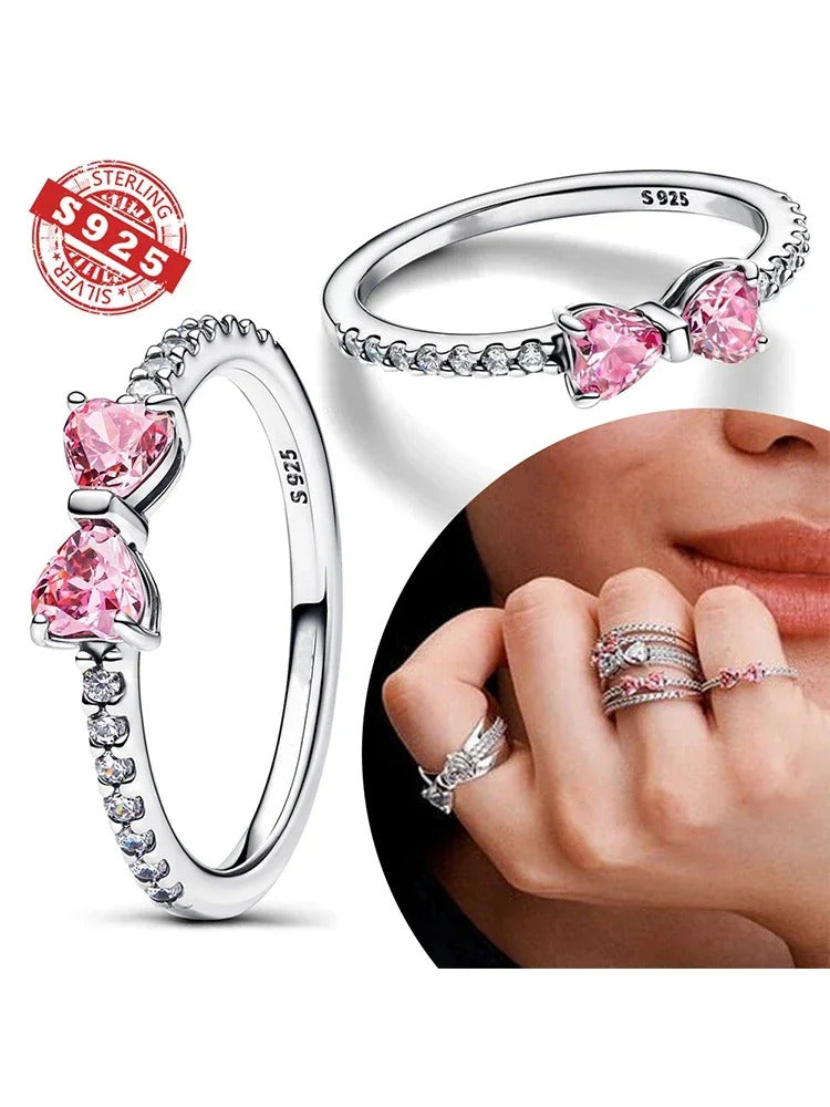 Christmas New 925 Silver Ring Pink Heart Zircon Shining Bow Ring Original   Ring DIY Women Fine Jewelry Christmas Gifts for girl