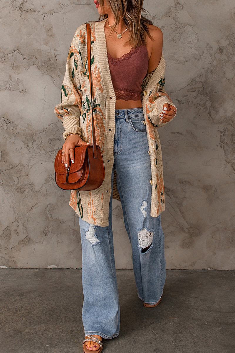 Apricot Abstract Floral Knit Button Down Long Cardigan