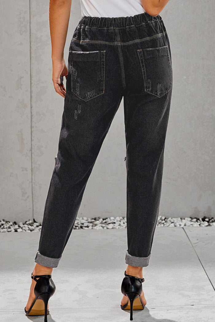 Black Gather Round Distressed Pocketed Denim Jogger