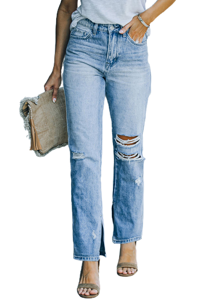 Sky Blue Side Splits Ripped Straight Leg High Waist Jeans