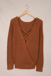 Brown Cross Back Hollow-out Sweater