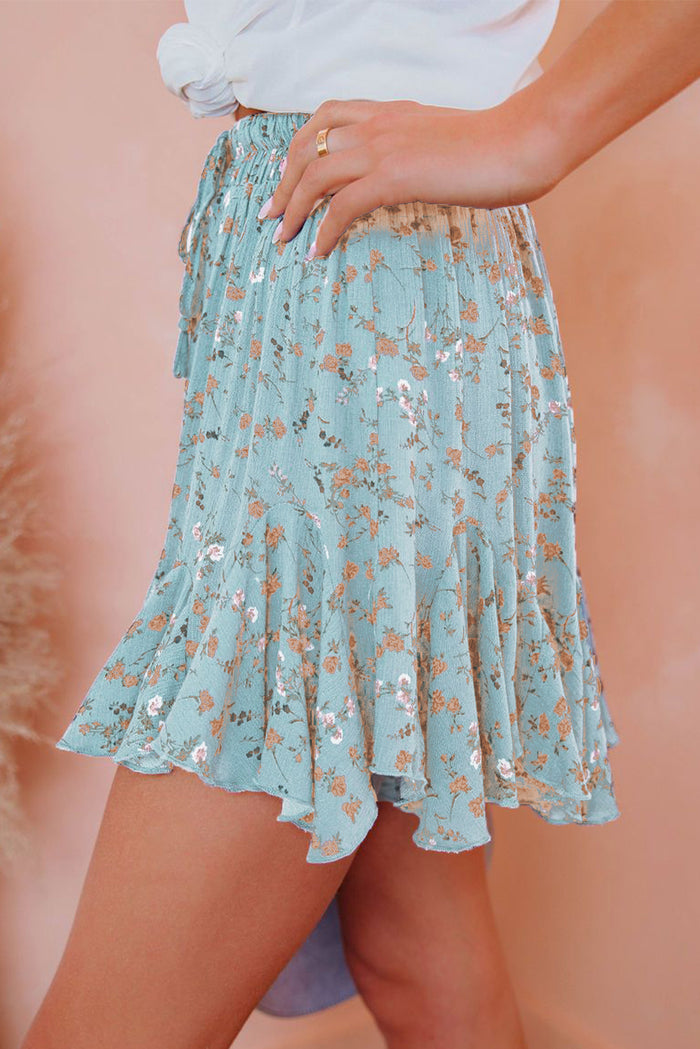 Blue Ruffled Floral Mini Skirt