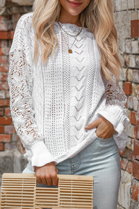 White Crochet Lace Pointelle Knit Sweater