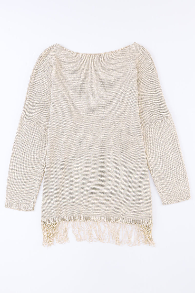 Khaki Lightweight Knit Fringe Hem Loose Sweater